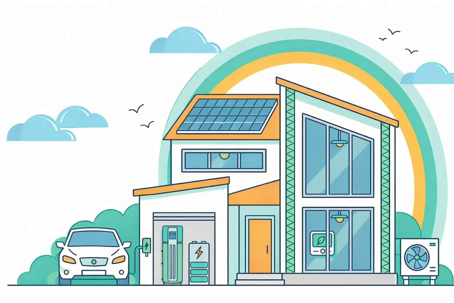 Energy-efficient home illustration with solar panels, EV charging, and heat pump